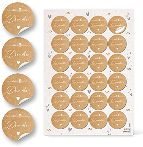 Logbuch-Verlag 24 Danke Aufkleber Kraftpapier-Optik Fisch Kreuz Kelch 4 cm Sticker für Dankeskarten Taufe Kommunion Konfirmation