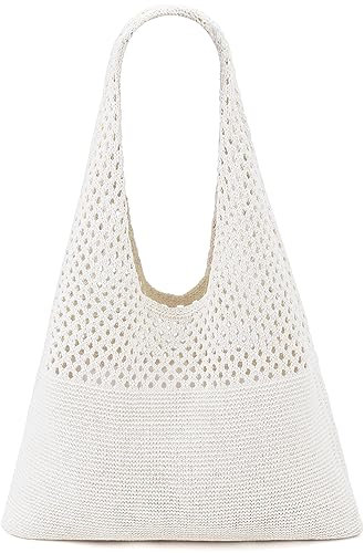 Ayieyill Häkeltasche für Damen, gehäkeltes Netzgewebe, Strandtasche, Sommer, Urlaub, ästhetische Boho-Stricktasche für Frauen, E/Weiß, Häkel-Tragetasche