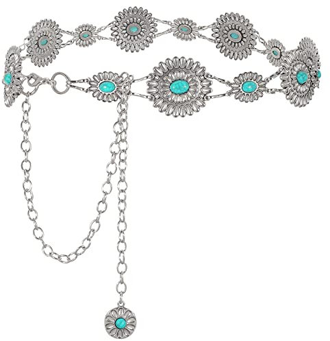 WHIPPY Damen Concho Kettengürtel taillenkette Türkis Taille Gürtel verstellbarer Metall Western Cowgirl Gürtel für Kleid,Silber 110cm