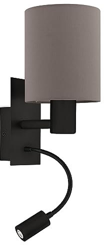Eglo Applique murale Pasteri, lampe de lecture avec liseuse en métal noir et tissu brun anthracite, luminaire intérieur pour salon et chambre, douille E27