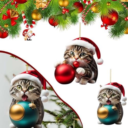 2Pacchi Albero di Natale Gatto Ornamento,Ciondolo per Albero di Natale e Gatti in Acrilico 2D,Gatto Buon Natale Ornamenti di Natale per Albero di Natale Decorazione Natalizia
