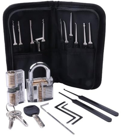 12-Piece Lock Pick Training Skill Set, with 5-Piece Tension Wrenches, 2-Piece Clear Practice Padlock Locksmith Tools Locks Key Picking Kits