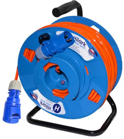 Hilark H07BQ-F Electric Reverse Drum Extension Lead with CEE Industrial 3 Pin Plug for Camping, Car, Boat, Construction Site (H07BQ-F 3g1.5mm2 16A, Orange, 40m)