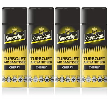 4 x Bundle New Scents Sovereign Car Home Office Gym Turbojet Air Sanitiser Freshener Spray (Cherry)