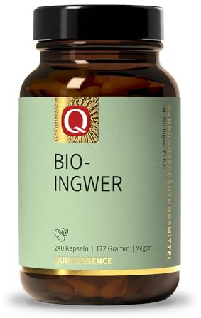 Quintessence Bio Ingwer Kapseln hochdosiert, 240 x Kapseln 600mg pro Kapsel, Vegan & ohne künstliche Zusatzstoffe, Glutenfrei, 100% Reinstoffqualität, Produziert in Deutschland