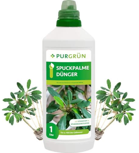 Purgrün® Spuckpalme-Dünger 1 Liter – Schnell wirksame mineralische Rezeptur – Premium-Flüssigdünger mit Spurennährstoffen – NPK 10+4+6 – Stärkt die Widerstandskraft – Für sattgrüne Blätter