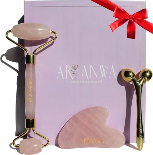Premium Gua Sha und Rosenquarz Roller Set für straffe Haut & definierte Konturen - Gua Sha + Gesichtsroller + 3D Massager für Face Yoga