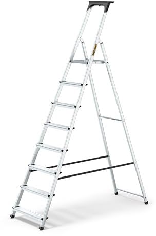 DRABEST 8 Step Ladder Folding - Aluminum Folding Ladder - Lader with a Tool Shelf & Work Platform - Stepladders 8 tread - Capacity 125 KG - Multi-Purpose Ladders - 52x237x11cm