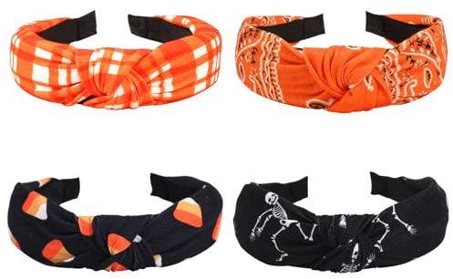 Halloween-Stirnbänder für Frauen und Mädchen, Skelett-Schädel, Süßigkeiten, breiter Knoten, Heabdand Herbst, Orange, Bandana, kariert, Haarschmuck, Halloween-Party-Outfit, Geschenke