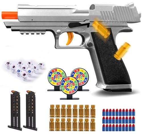 Toy Gun Soft Bullets Fully Automatic Reloading Rebound Shell Ejecting Shooting Games Toy Pistol Education Model Toys Soft Foam Blaster Gift for Kids Boys Girls Ages 6+(Silver)