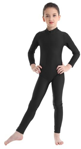 Yruioon Mädchen Turnanzug Langarm Gymnastikanzug Stretch Ballettanzug Ganzkörper Trikotanzug Leotard Sport Body Overall Jumpsuit Schwarz 134-140