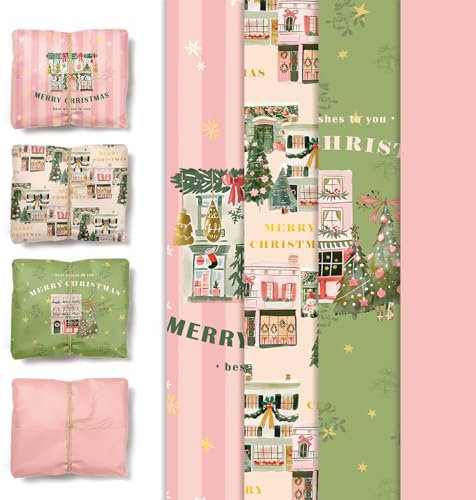 NICROHOME EUR 24 Blatt Weihnachten Geschenkpapier, Salbeigrünes Rosa Seidenpapier mit Weihnachtsbaumhaus-Schneemannsocken-Muster, Geschenkpapier für kleine Geschenke für Weihnachtsfeiern