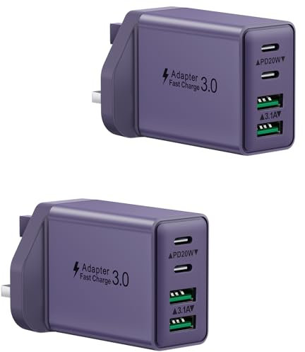 2-Pack USB C Fast Charer Plug, 40W 4-Port USB Plug UK Multi Fast Charging Plug Dual 20W USBC Power Adapter+ QC Wall Plug Type C Plug for iPhone 16 15 14 13 12 11 Pro Max Plus, Samsung, iPad