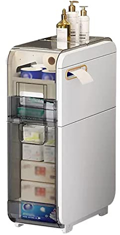 Mobiletto da pavimento per bagno Unità di stoccaggio verticale con cassetti trasparenti e ruote, organizer per lavandino stretto in plastica, mobiletto per carta igienica per bagno sottile alto