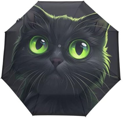 Süße Magische Katze Schwarz Regenschirm Taschenschirm Kinder Jungen Mädchen UV-Schutz Auf-Zu Automatik Umbrella Verstärkt Winddichte Zusammenklappbar