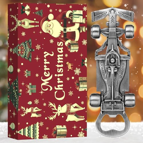 LKKCHER Décapsuleur de voiture de course, cadeaux de Noël pour hommes, papa, mari, ami, voiture de course, argent avec emballage de Noël et carte de Noël
