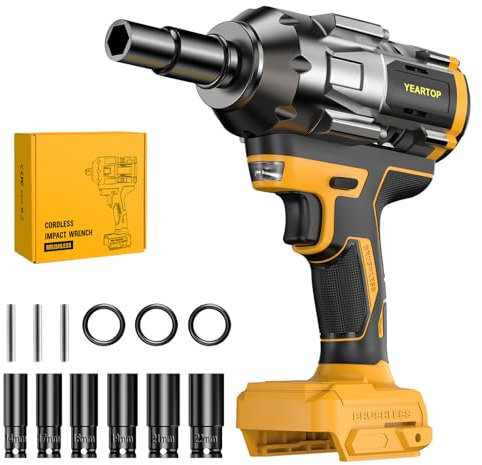 Llave de impacto inalámbrica de 1/2 pulgada para batería Dewalt de 20 V, controlador de 900 pies de libras (1200 N.m) sin escobillas, alto par de torsión con 6 enchufes y caja de regalo (sin batería)