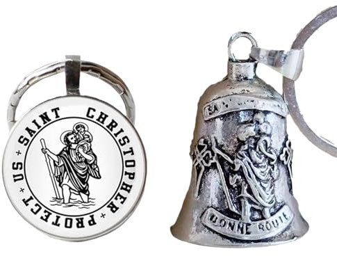 ARROMI 2 Stück St. Christophorus-Schlüsselanhänger, St. Christophorus für Auto, Schutzglocke für Motorräder, Schutzglocke, personalisierter Schlüsselanhänger, St. Christophorus-Halskette für Männer,