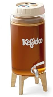 Kefirko Kombucha Fermentation Kit | Home Brewing Glass Jar, Lid, Filters, Fermentation Clock & Recipe Book, 4Litre - Beige