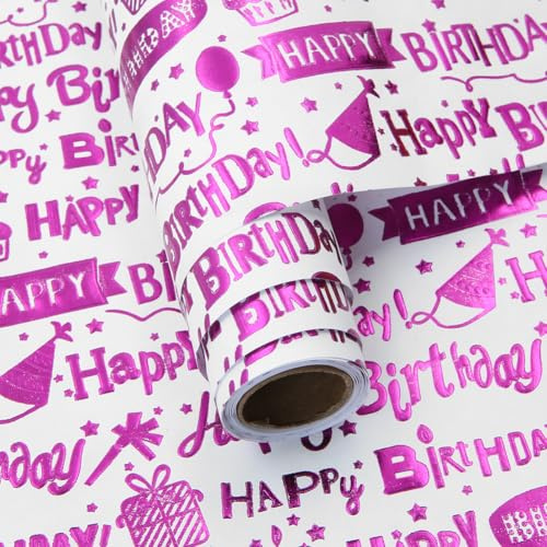Happy Birthday Geschenkpapierrolle, Lila Luxus Metallic Kuchen Geschenk Ballon Geburtstag Geschenkpapier für Geburtstag, Urlaub, Babyparty, Kinder, Frauen, Mädchen, Mini Rollen, 43 x 300 cm