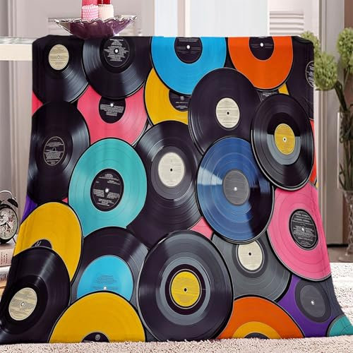 Decke 150 x 200 cm Kuscheldecken Vintage-Vinyl-Schallplatte Muster Flanell Weich Fleecedecke Bettüberwurf flauschig und weich Sofadecke Couchdecke für Teenager Luxus Bunt