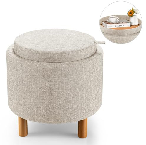 RELAX4LIFE Sitzhocker mit Stauraum, runder Fußhocker mit eingebettetem Deckel & Buchenholzbein & gepolsterter Sitzfläche, Ottomane D x H: 44 x 42 cm, Sitzhocker für Wohnzimmer Schlafzimmer (Beige)