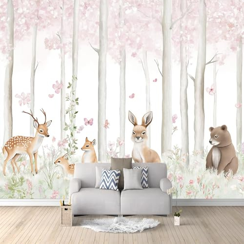 Générique Papier Peint Effet 3D Aquarelle Forêt Cerf Renard Ours Fleurs Rose Clair Photo Peintures Murales Salon Tv Canapé Thème Hôtel De Luxe Couloir Fond Mur Peinture Décor À La Maison 400 x 280 cm