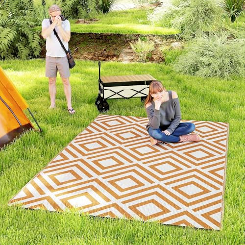 Outsunny Tappeto da Esterno per Balcone e Terrazza, Tappetino Reversibile con Fantasia Geometrica, Resistente ai Raggi UV, per Giardino, Patio, Spiaggia, Picnic, 182x274 cm, Marrone e Bianco