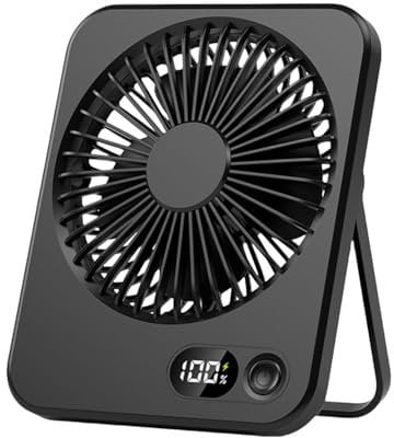 DSLIHA Small Desk Fan,2000mAh Type C Rechargeable Battery, LED Display 180°Adjustable Super-5 Speed Mini Fan, Portable Quiet Bedroom, Office, Library, Travel (Black)
