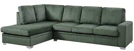 Large Corner Sofa, Left Hand Sofa or Right Hand Corner Sofa, Couch in Upholstered Jumbo Cord or Linen Fabric, L Shaped Sofas with Optional Matching Footstool (Green Jumbo Cord, Left Hand Facing)