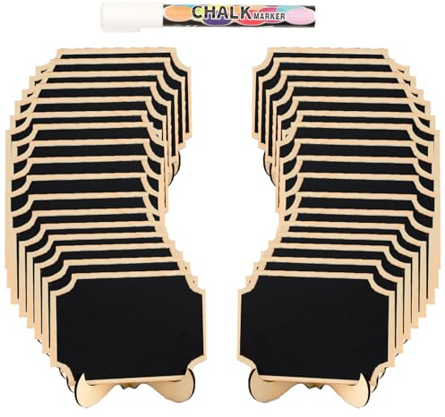 Lot de 20 mini tableaux noirs avec chevalet, petits tableaux noirs rectangulaires, marque-places en bois pour mariage, tableau de message et décoration d'événement, 1 craie liquide