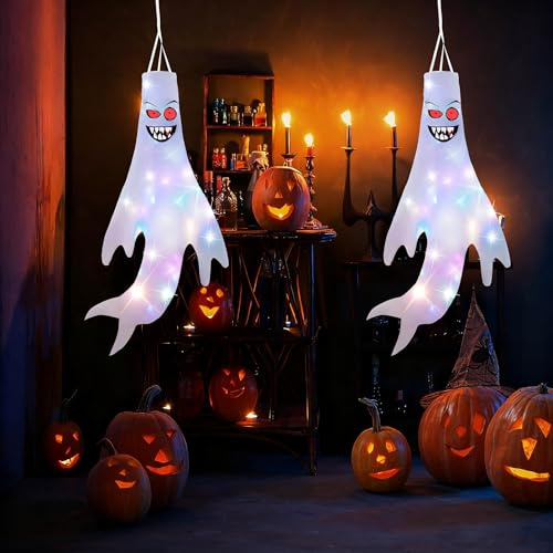 Halloween Deko Geist, Xndryan 2 Stück 120cm Geister Windsäcke mit Bunt Lichterkette, Ghost Windsack Flagge Hängende Geister Halloween Deko Outdoor Indoor für Garten Horror Mottoparty