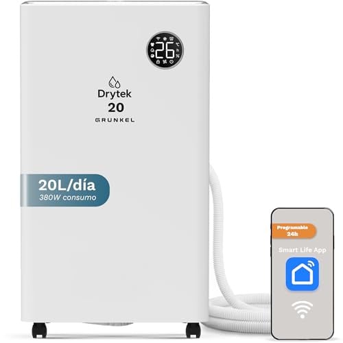 Deshumidificador GRUNKEL DH-20DT 20L/día |Wi-Fi Integrado con App| Depósito 5,5L | Temporizador 24H | Panel Táctil | Apagado Automático | Panel LED | Bajo Ruido <45dB | Refrigerante R290 | Ruedas
