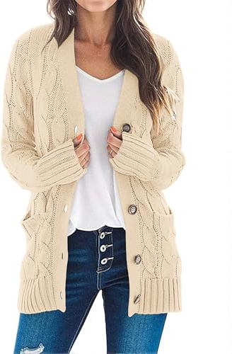 MEROKEETY Women's Cable Knit Cardigan Sweaters 2026 Fall Spring Long Sleeve Open Front Button Down Trendy Outerwear Coats, LightApricot, Large