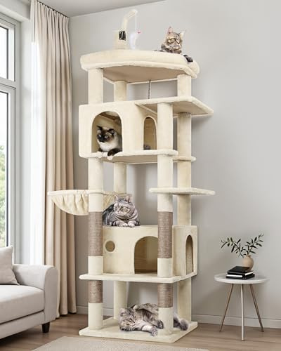 Globlazer F74B Arbre à Chat Beige Solide XXL Arbres 188 cm pour Grand Chats | Stable Coin Arbre à Chat avec 3 Niches, Grandes Plateforme Panier, 5 Griffoirs Sisal, Robuste Sécurisé, pour 3-5 Chats Adult