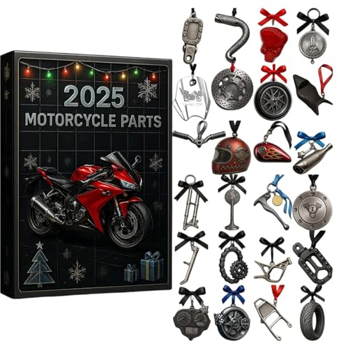 Motorrad Adventskalender 2025 aus Acryl mit Motorradteilen Schmuck, 24 Tage Weihnachts Countdown Deko, Geschenk für Biker, Männer und Freunde zu Weihnachten (26 x 18 x 3 cm)