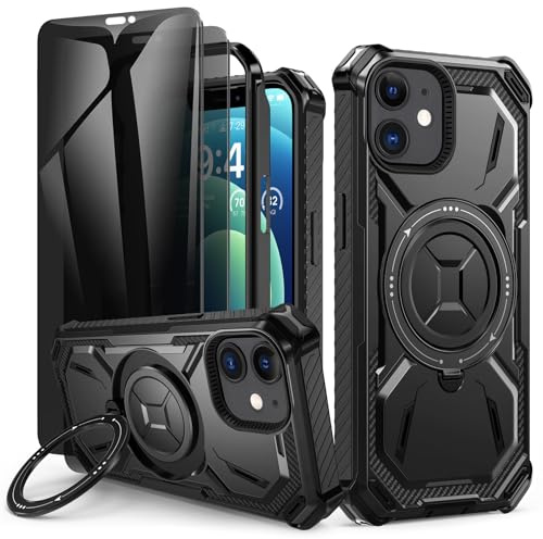 Lanhiem für iPhone 12 Hülle, iPhone 12 Pro Hülle, mit 2X Sichtschutz Glas | 360° Ring Ständer Schutzhülle, Robust Bumper Panzerhülle, Militärischer Stoßfest Handyhülle für iPhone 12/12 Pro Case-Schwarz