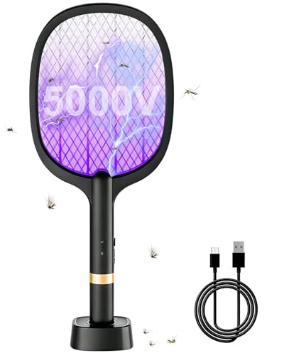 YOUBST Electric Elektrische Fliegenklatsche 5000V, Extra Stark Fliegenklatsche Elektrisch, 2 in 1 USB Typ-C Elektro Mückenklatsche mit Akku Aufladbar& UV Lichtfalle für Mücken, Fliegen, Wespe, Motten