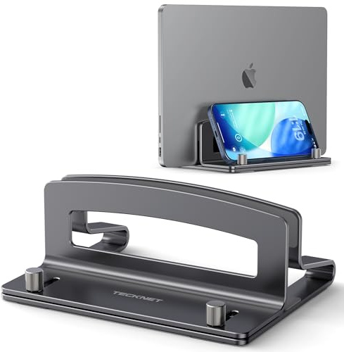TECKNET Laptop Ständer Vertikaler Aluminium mit Thermischer Basis (Grau) | Platzsparend hochkant,Für externe Monitore,15–33 mm einstellbar,Robuste Aluminiumlegierung,Rundumschutz mit Silikonpolstern
