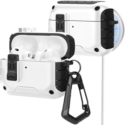 HITZEE Custodia per AirPods Pro 3, Compatibile con Cover AirPods 3ª Generazione (2025), Blocco Magnetico Automatico con Supporto per Telefono, Custodia Compatibile con MagSafe, Nero/Bianco