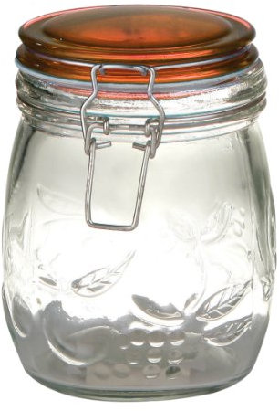 Premier Housewares Round Glass Deli Jar with Amber/Orange Plastic Lid and Embossed Fruit Detail, 700 ml