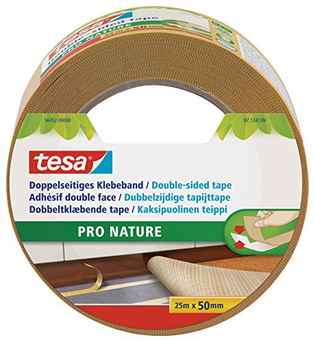 tesa Doppelseitiges Klebeband PRO NATURE - stark und vielseitig, als Verlegeband für Böden sowie zum Basteln geeignet - aus 100% recyceltem Kunststoff - 25 m x 50 mm