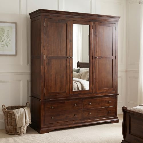 The Furniture Market French Hardwood Mahogany Stained 3 Door Triple Wardrobe with Mirror - Mahogany Finish, 3 Doors with Mirror, Full-Length Hanging Rail - H 2020mm x W 1635mm x D 570mm