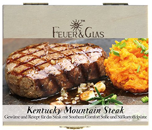 Kentucky Mountain Steak – 8 Gewürze Set für Steak mit Southern-Comfort-Soße (90g) – in einer schönen Holzbox – mit Rezept und Einkaufsliste – Geschenkidee für Männer und Feinschmecker von Feuer & Glas