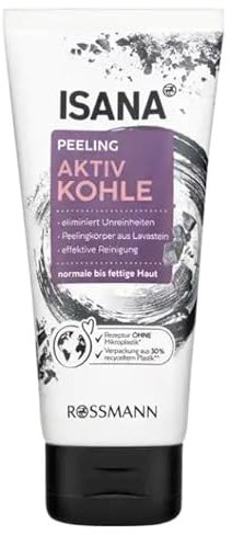 ISANA Aktiv Kohle Peeling Gel 75 ml für jeden Hauttyp, mit Aprikosen-Extrakt & Pro-Vitamin B5, Peelingkörper natürlichen Ursprungs