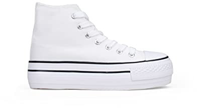 BOSANOVA Zapatillas Abotinadas confeccionadas en Material de Canvas con Detalle de Finas lineas a Contraste en la Suela. Cierre con Cordones. Calzado para Mujer Blanco 38