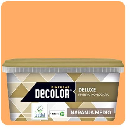 PINTURAS DECOLOR DELUXE Pintura de Interior Monocapa Mate. 4 Litros. Ecológica con Certificado Ecolabel. NARANJA MEDIO