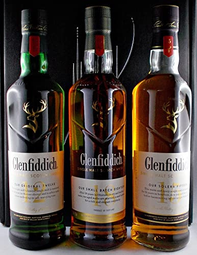 Glenfiddich 3 Flaschen Glenfiddich 12 Jahre 15 Jahre & 18 Jahre scotch Single Malt Whisky je 0,7L im Geschenk Karton Männergeschenke Genießerset Geschenkset
