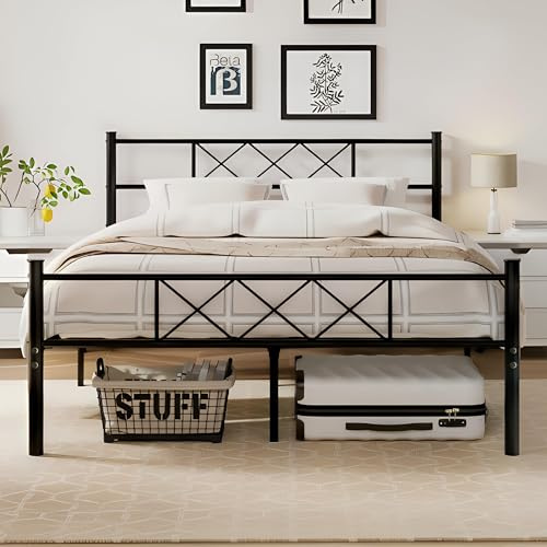 VECELO 4ft6 Double Metal Bed Frame with Headboard and Footboard, Heavy Duty Steel Slats Support, No Box Spring Needed, 32cm Underbed Storage, Easy Assembly, Black