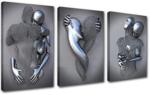 Metallfigur-Statue Leinwandbild Wandkunst Motiv Kuss Malerei modern abstrakt Romantik Kunstwerk für Paare Schlafzimmer Dekoration mit gerahmtem Rahmen fertig zum Aufhängen Poster und Drucke